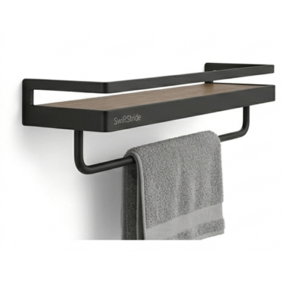 SwiftStride Matte Black Floating Shelf with Towel Bar