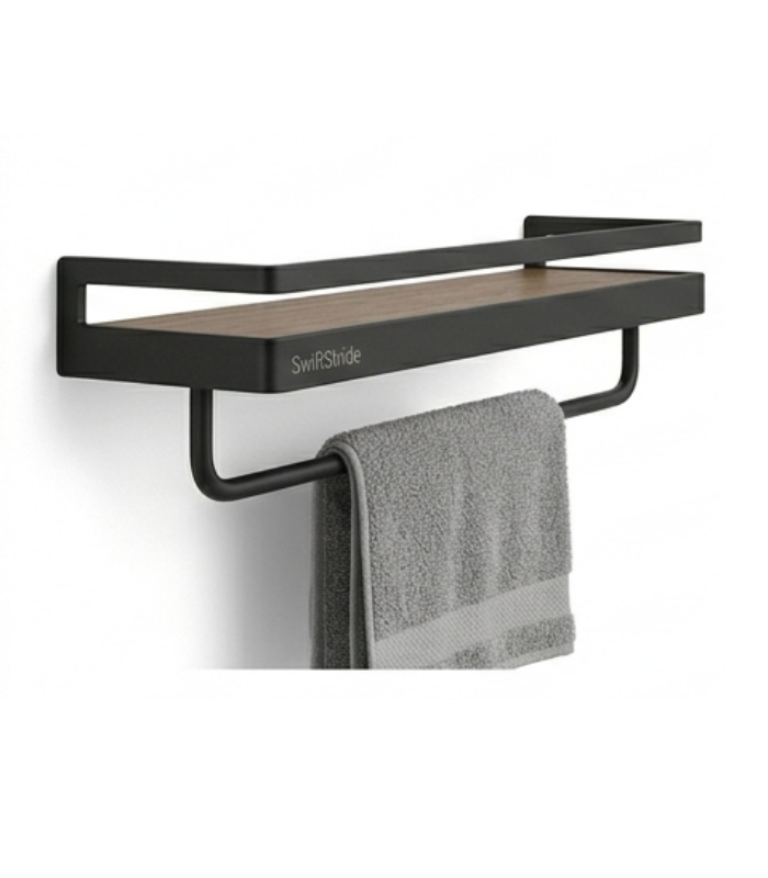 #BEDBE1 (18) SwiftStride Matte Black Floating Shelf with Towel Bar - Image 1