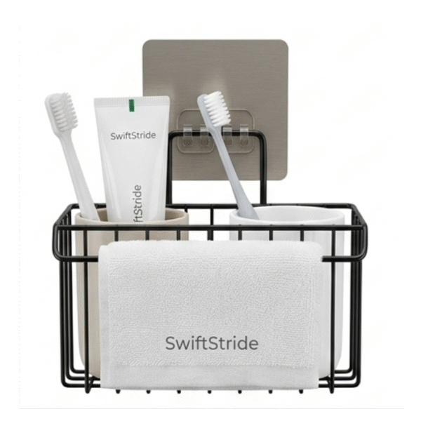 SwiftStride Storage Basket with Towel Bar and Toothbrush Holders